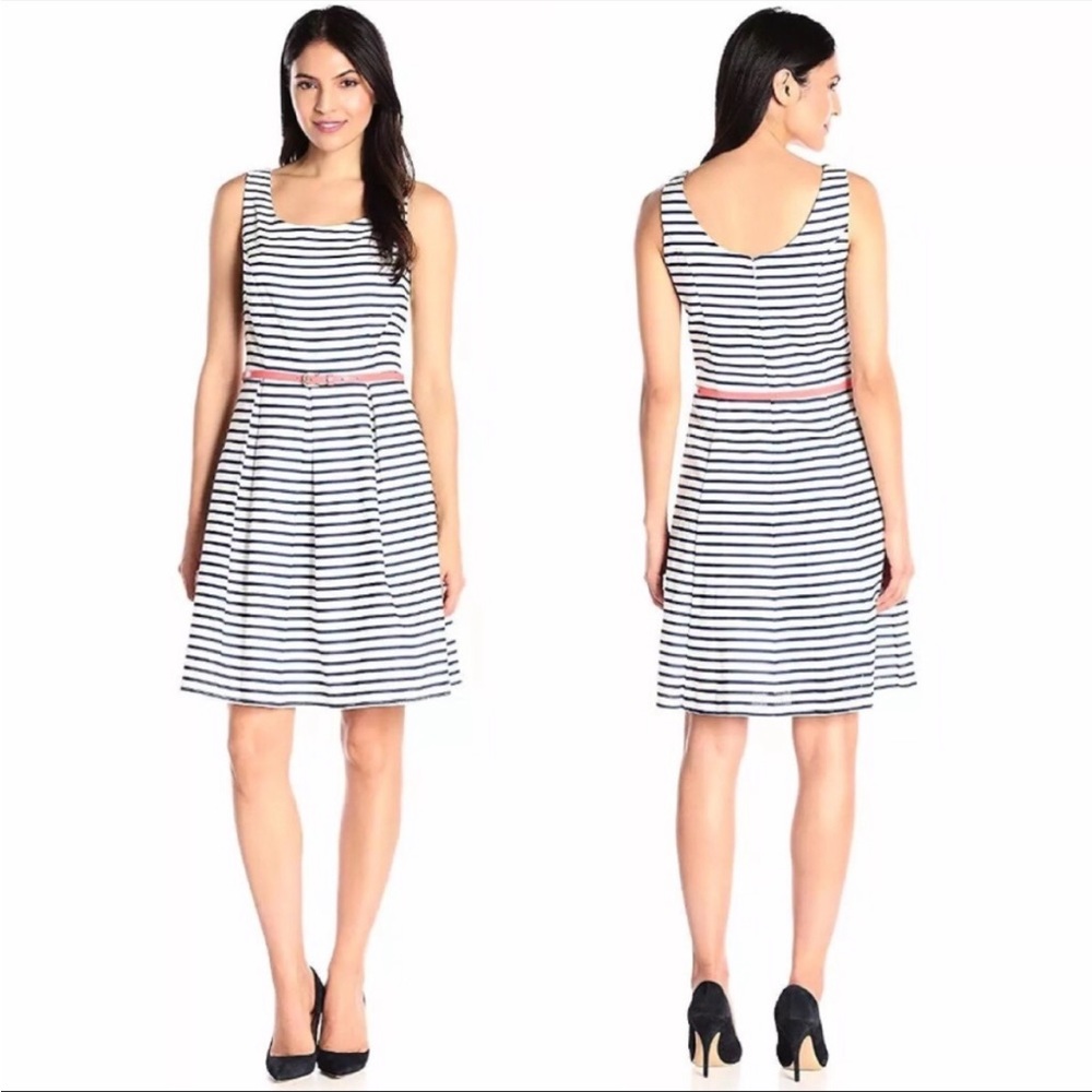 Tiana B Striped Black and White Sleeveless Belted Dress